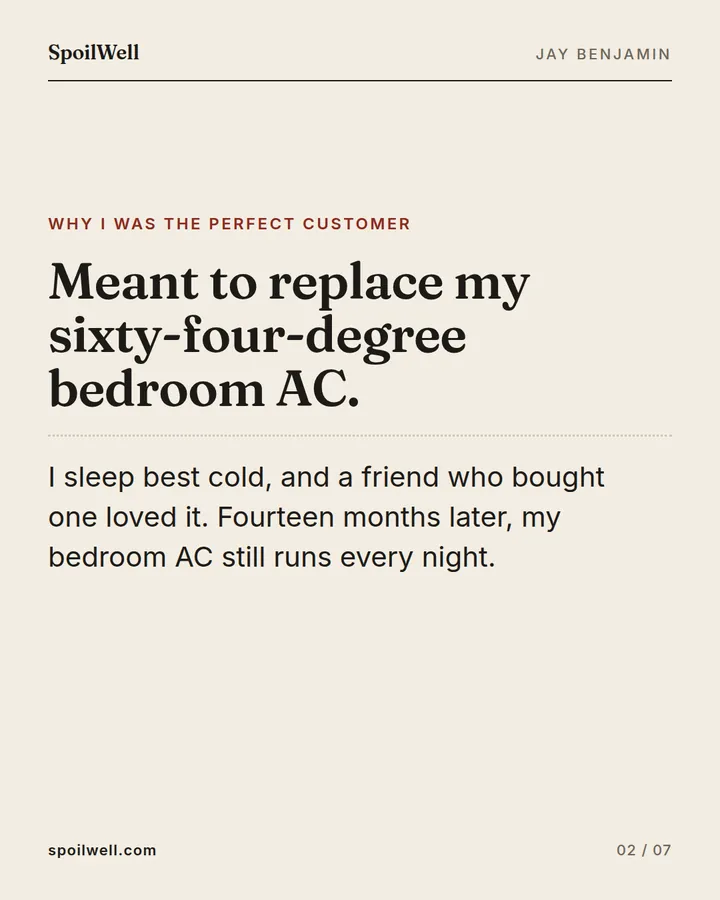 Slide 2 of 7: Meant to replace my sixty-four-degree bedroom AC. I sleep best cold, and a friend who bought one loved it. Fourteen months later, my bedroom AC still runs every night.