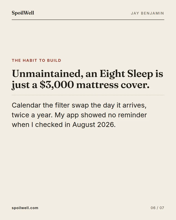 Slide 6 of 7: Unmaintained, an Eight Sleep is just a $3,000 mattress cover. Calendar the filter swap the day it arrives, twice a year. My app showed no reminder when I checked in August 2026.