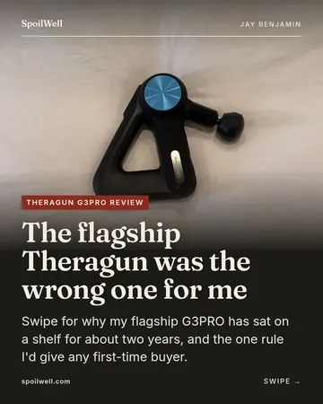 Carousel cover: The flagship Theragun was the wrong one for me. The massager resting on a table.